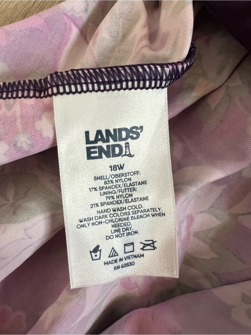 LANDS END Floral Black Tan Pink Swim Tankini Magenta Trim Built In Bra 18W - Picture 4 of 8